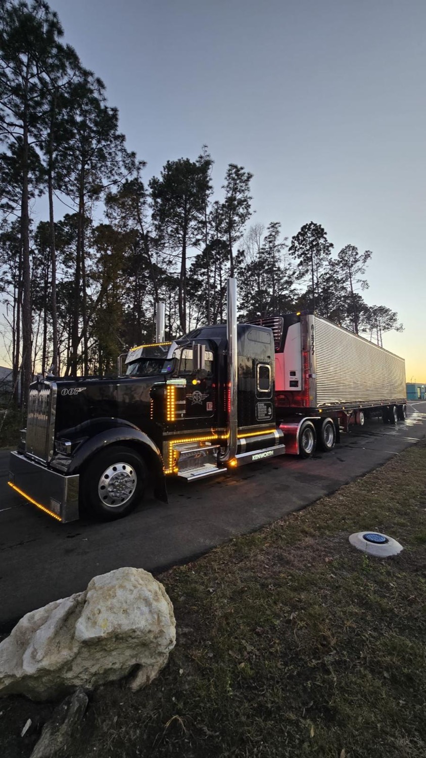 Black Kenworth W900 with a reefer trailer parked by pines at dusk